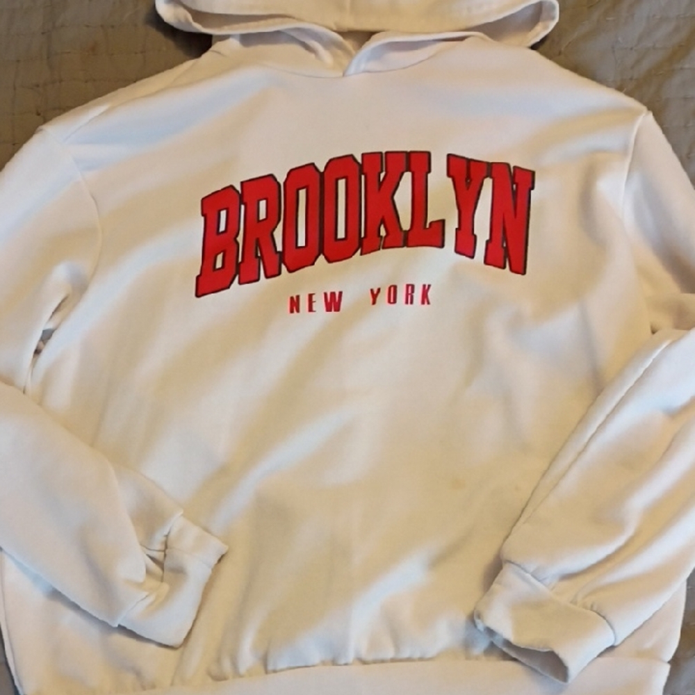 SHEIN White Hoodie with Red Brooklyn New York Print